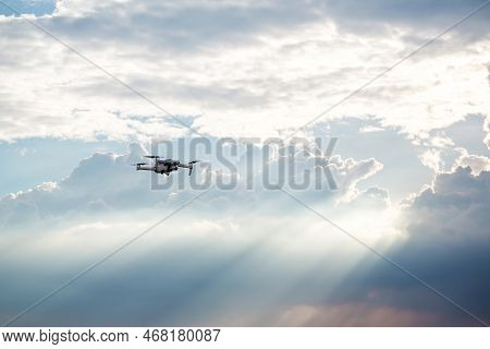 Drone Copter Flying With Digital Camera. Drone With High Resolution Digital Camera. Flying Camera Ta