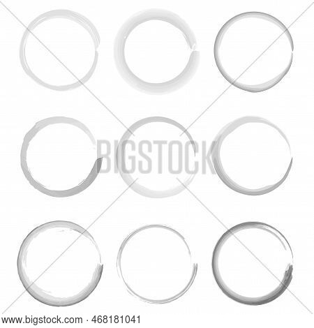 Brush Circles In Line Art Style. Round Frame Set. Grunge Texture. Vector Illustration. Stock Image.