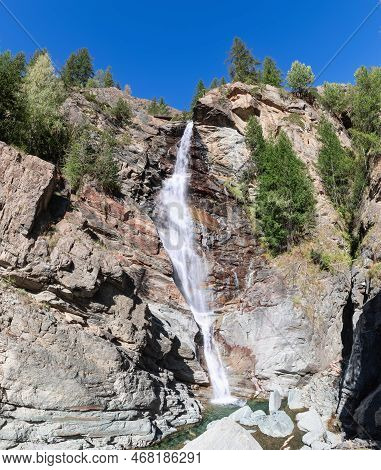 Bottom View Of Streams Of Mountain Alpine Lillaz Waterfall (cascate Di Lillaz) Rush Down In Gran Par