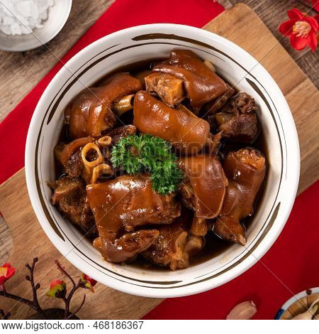 Taiwanese Traditional Food Pork Knuckle In A Bowl For Chinese Lunar New Year Meal.