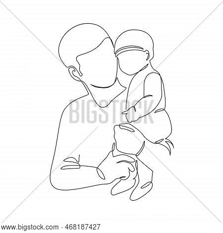 Father Little Kid Line Drawing. Abstract Family Continuous Line Art. Young Dad Hugging Son. Dad And 