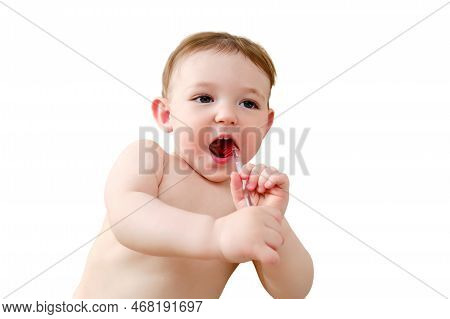 Child Cleans His Mouth With A Toothbrush In His Hands, Isolated On A White Background. Happy Toddler