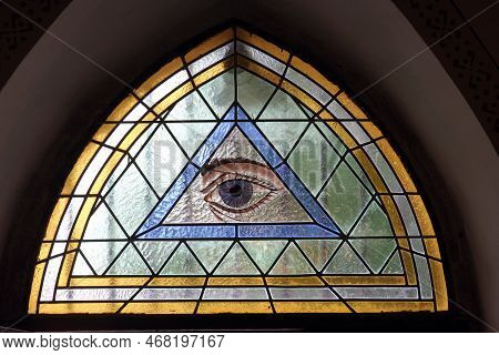 Gornji Desinec, Croatia - September 08, 2012: God's All-seeing Eye, Stained Glass Window In The Pari