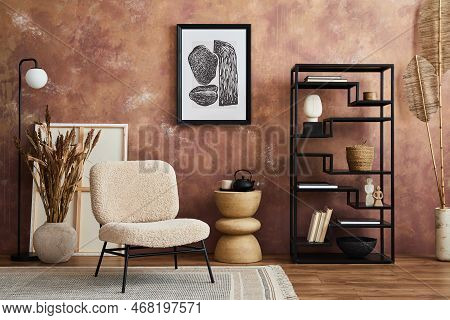 Modern Living Room Interior Design With Mock Up Poster Frame, Frotte Armchair, Black Metal Shelf, Si