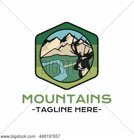 Mountain Adventure Badge Design With Mountains And Reindeer. Travel Logo Graphics. Stock Vector Camp