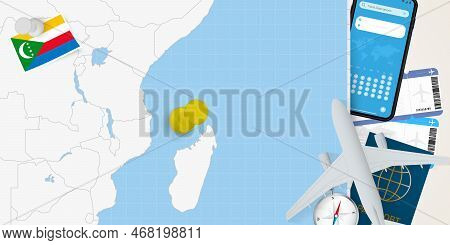 Travel To Comoros Concept, Map With Pin On Map Of Comoros. Vacation Preparation Map, Flag, Passport 