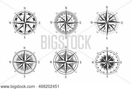 Set Of  Various Vintage Marine Compasses. Different Vintage Compass Collection. Vector Stock