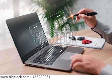 Car Service Staff And Insurance Check The Documents And Conditions Of Insurance On A Virtual Screen 