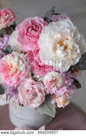 Original Flower Bouquets On A White Gray Background. Beautiful Composition With Pink And White Flowe