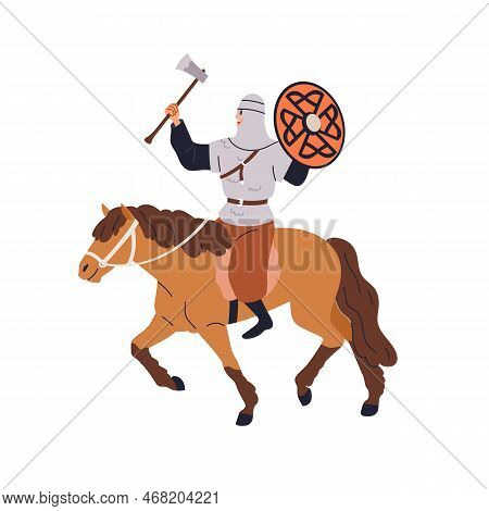 Armored Scandinavian Warrior With Axe And Shield, Riding Horse. Medieval Historical Horseman Knight 