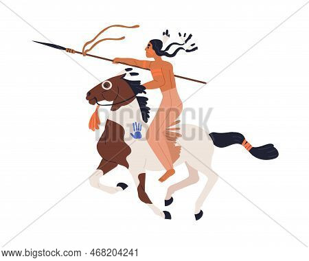 Apache Tribal Warrior Riding Horseback. Armored Native American Horse Back Rider Attacking With Lanc