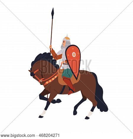 Armored Russian Warrior, Horse Rider With Lance And Shield. Bogatyr Of Ancient Russia, Riding Horseb