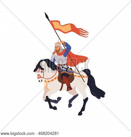 Ancient Russian Warrior Riding Horseback. Horse Rider With Flag, Armored With Sword. Slavic Horseman