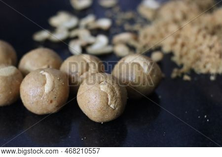 Moong Dal Laddu. A Protein Rich, Indian Sweet Ball Made Of Lentils, Almonds And Jaggery As Sweetener