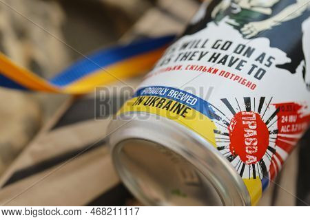 Kyiv, Ukraine - May 4, 2022 Localy Brewed Beer Called Fights Will Go On As Long As They Have To Feat