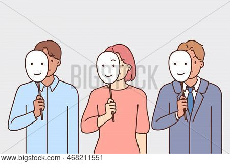 Diverse People Holding Masks In Hands Hide Emotions Behind. Businesspeople With Smiling Faces In Han