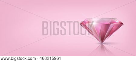 Vector Horizontal Banner With 3d Realistic Pink Transparent Triangular Glowing Gemstone, Diamond, Cr