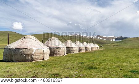 Traditional Yurt Tent Camp At The Song Kul Lake Plateau In Kyrgyzstan. Yurt Tents Are Traditional, P