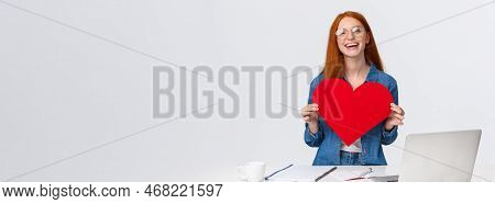 Valentines Day, Creativity And Feelings Concept. Cheerful Smiling Redhead Girl With Long-distance Re