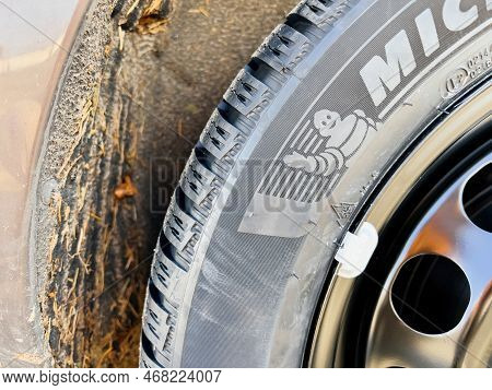 Clermont-ferrand, France - Oct 17, 2022: Close-up Of New Michelin Alpin 6 Premium Touring Winter Tyr