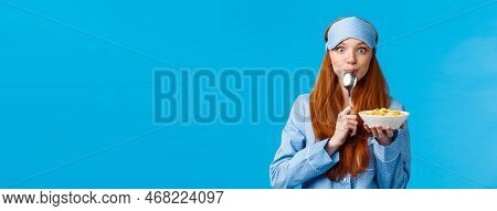 Mmm Delicious. Cute Pretty Foxy Teenager College Girl Licking Spoon Eating Tasty Cereals, Holding Pl
