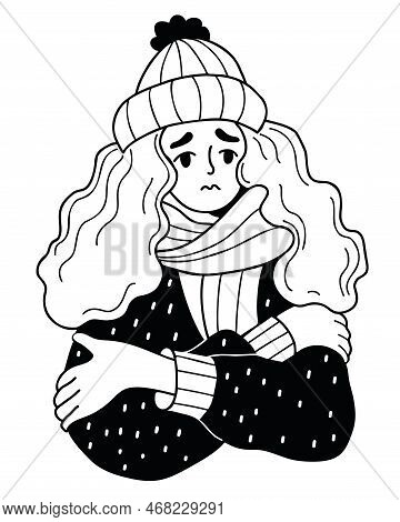 Unhappy Woman Freezing Wearing And Shivering. Vector Illustration. Hand Drawn Doodle Style. Winter S