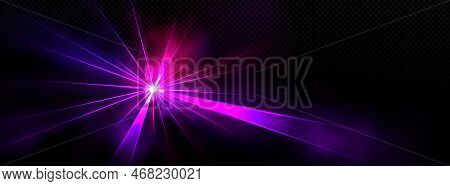 Bright Light Spot With Colorful Beams Shining In Darkness And Foggy Effect. Realistic Vector Illustr