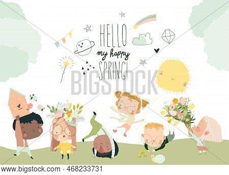 Cartoon Group Of Happy Children Meeting Spring
