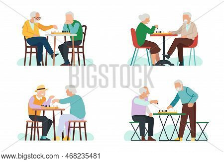 Old Men And Women Playing Chess. Grandparents Leisure. Elderly Persons At Chessboard. Retired People