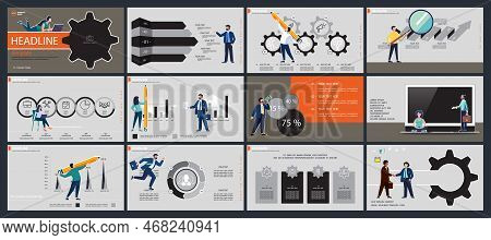 Infographics, headline. Businessman plans business presentation finances, power point, launch of new project. Design template elements, gray background, set.A team of people creates a business, teamwork, booklet, office, work,  SEO, symbol, sign, corporat