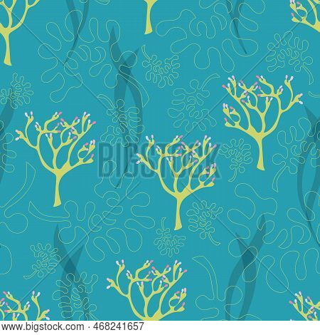 Dance Of The Algae, A Vector Pacific Cyan Seamless Pattern. Yellow-green Codiums With Pink Blossoms 