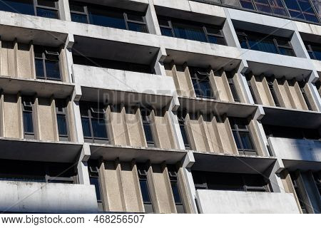 Light And Shadow On A Brutalist Concrete Apaertment Building, Horizontal Aspect