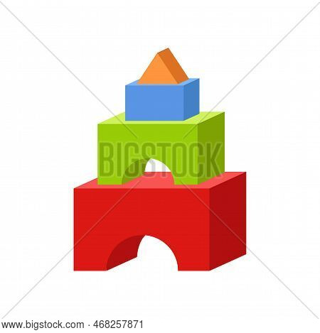 Baby Toy Building Kit On White Background Cartoon Illustration. Toy Wooden Bricks, Arches For Childr