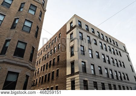 Very Generic Urban Brick Apartment Buildings With Rowns Of Windows, Urban Cityscape, Horizontal Aspe