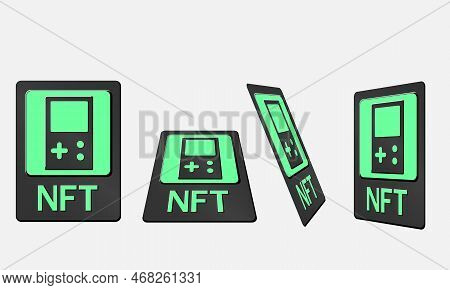 3d Token Nft Cards In Crypto Artwork. Nft Card With Game In Perspective, Top View In Isometric And F