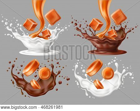 Melt Caramel Splashes. Realistic Toffees Pieces With Milk And Chocolate Taste, Flying Liquid Droplet