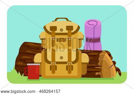 Khaki Backpack For Camping In Front Of Log Vector Illustration. Cartoon Drawing Of Rucksack, Coffee 