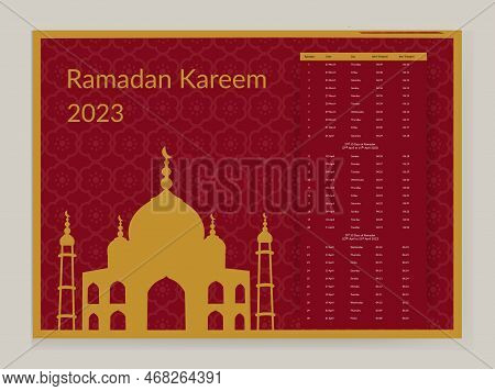 Ramadan Calendar Design 2023. Calendar Mockup Template, Islamic Calendar Dua And Time Table Schedule