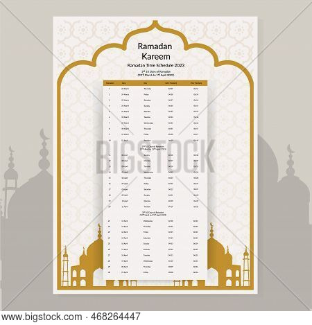 Ramadan Calendar Design 2023. Calendar Mockup Template, Islamic Calendar Dua And Time Table Schedule