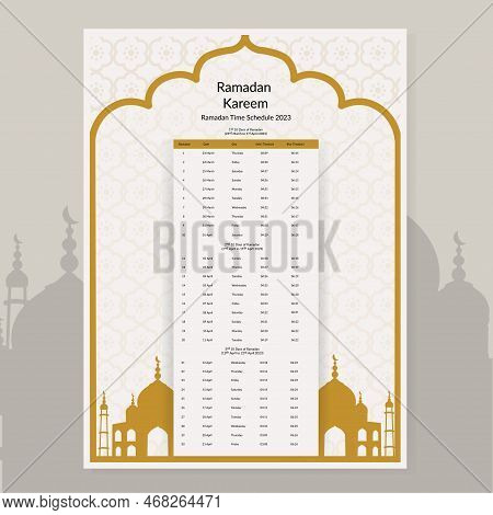 Ramadan Calendar Design 2023. Calendar Mockup Template, Islamic Calendar Dua And Time Table Schedule