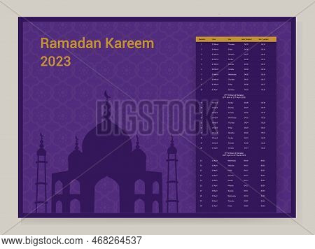 Ramadan Calendar Design 2023. Calendar Mockup Template, Islamic Calendar Dua And Time Table Schedule