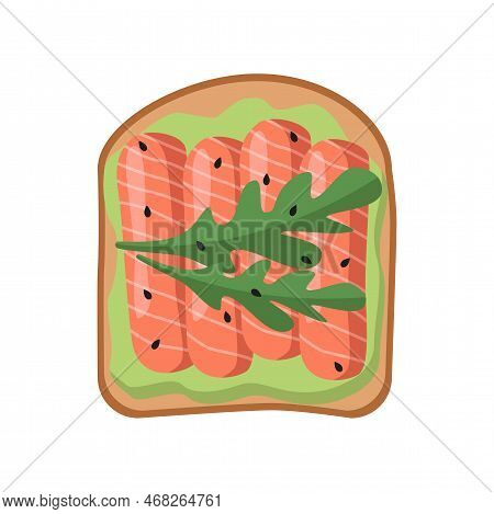 Slice Of Bread With Salmon And Aragula. Sandwich With Different Ingredients Vector Illustration. Foo