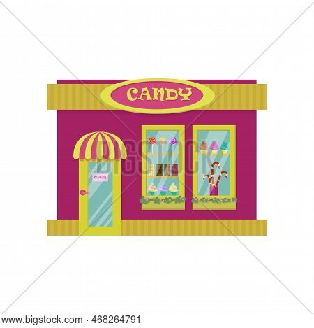 Exterior Of Sweetshop Isolated On White Background. Shop Building Facade Cartoon Illustration. Store