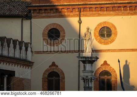 The Sun Illuminates The Statue Of Saint Apollinare ,horizontal Photo, Piazza Del Popolo ,ravenna,ita