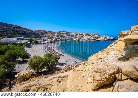 Famous Matala Beach With Caves, Known For Hippies In The 70's.