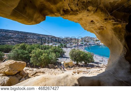 Famous Matala Beach With Caves, Known For Hippies In The 70's.