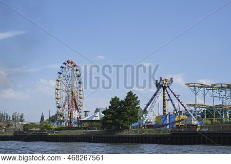 Tigre, Buenos Aires, Argentina, Jan 11 2022: Parque De La Costa, Amusement Park, Seen From The Lujan