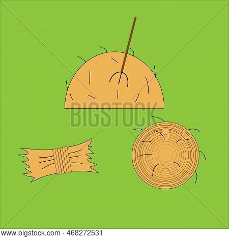 Haystack With Fork, Rolled Haycock, And Bale Of Hay