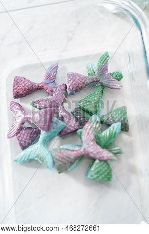 Measured Ingredients In Glass Bowls To Prepare Mermaid Cakesicles.