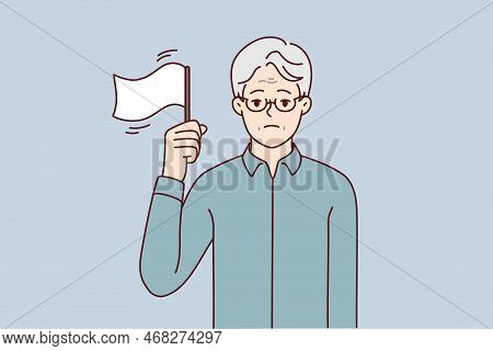 Elderly Man With Sad Face Stands Showing White Flag As Sign Lack Strength To Fight Disease Or Financ